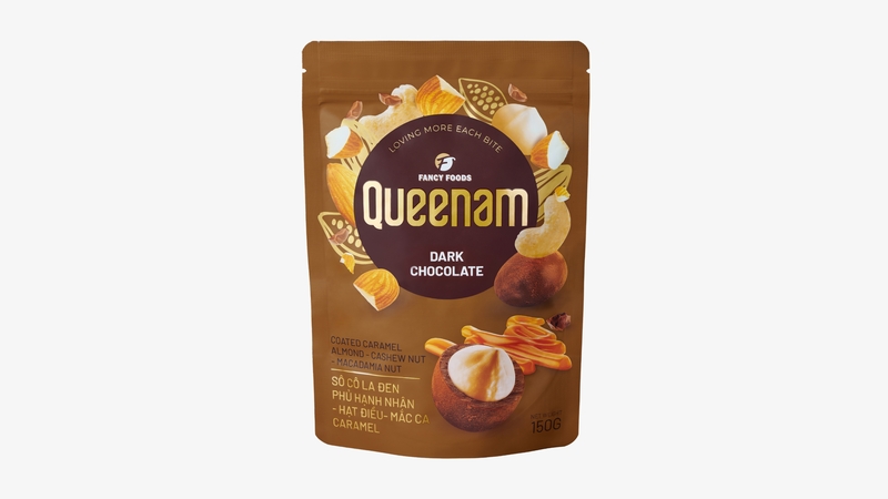 QN01 - Socola den phu caramel hanh nhan-hat dieu-mac ca/ Dark Chocolate Coated Caramel Almond-Cashew-Macadamia Nut